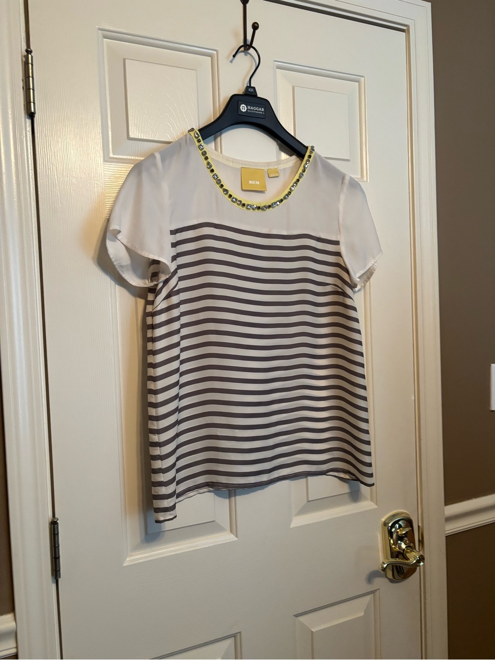 Anthropology Maurice Striped Short-Sleeve Blouse in White and Gray, size medium.